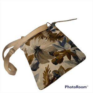 MAURIZIO TAIUTI BAG CROSSBODY GRAY BLUE TAN FLORAL LEATHER CANVAS FABRIC STRAP